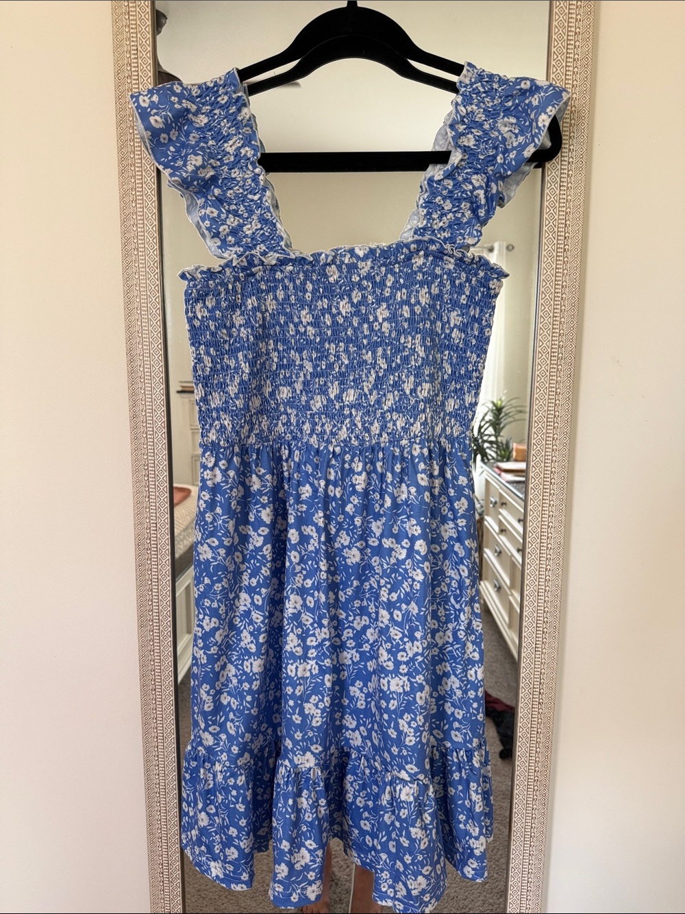 Amazon Blue Floral Smocked Mini Dress with Ruffle Straps